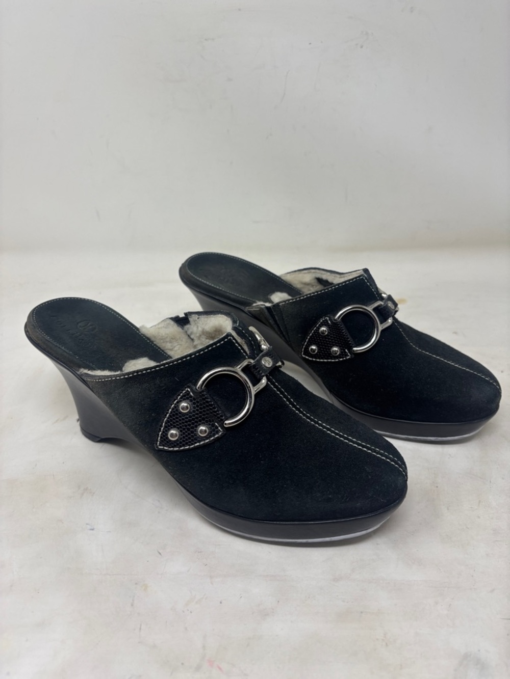 Cole Haan Black Suede Wedge Mules with Silver Buckle